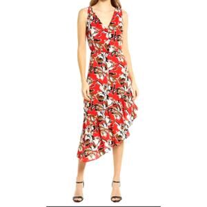 Sam Edelman Red Floral Print V-Neck Midi Dress Asymmetric Ruffle Hem Size 4